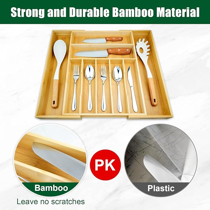 Expandable Drawer Organizer for Silverware Flatware Knives, Kitchen Utensil Organizer, Utensil Holder, Bamboo Wood Cutlery Tray in Drawer for Spoons Forks