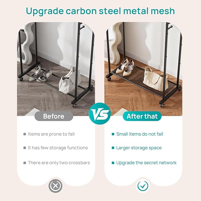 SINGAYE Clothes Clothing Rack Drying Clothing Garment Coat Hanger Rack Metal Double Bar Freestanding for Hanging Clothes Portable With Wheels Rolling Closet for Laundry Bedroom Black
