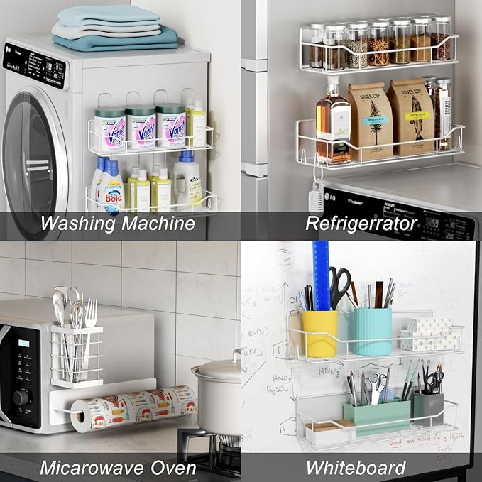 Magnetic Spice Rack for Refrigerator,8 Pack Magnetic Fridge Shelf, Moveable Spice Organizer with Hook Rack, Paper Towel Holder, Utensil Holder,cup lid holder, Super Magnetic Rack Set (White)