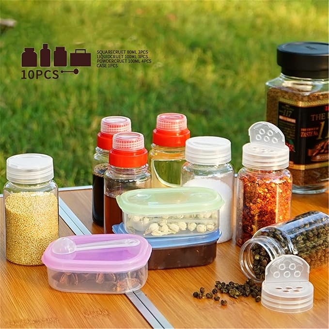 10 Pcs PET Plastic Spice Jars Moisture Proof Condiment Container with Lid - Camping Picnic Outdoor Kitchen Spice Shaker Seasoning Organizer Bottle for Storing Herb Salt Sugar Pepper Spices