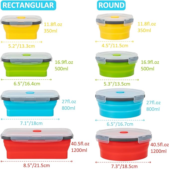 Collapsible Food Storage Containers with Lid & Air Vent, 8 Pack, 4 Rectangular + 4 Round, Annaklin Foldable Silicone Lunch Containers Collapsible Bowls Set, Microwave Freezer Dishwasher Safe, 4 Colors