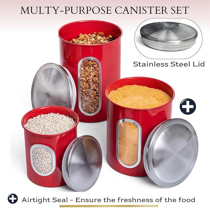 Mixpresso 3-Piece Red Canister Set - Airtight Coffee & Tea Organizer with See-Through Window, Sugar Canister - Kitchen Decor