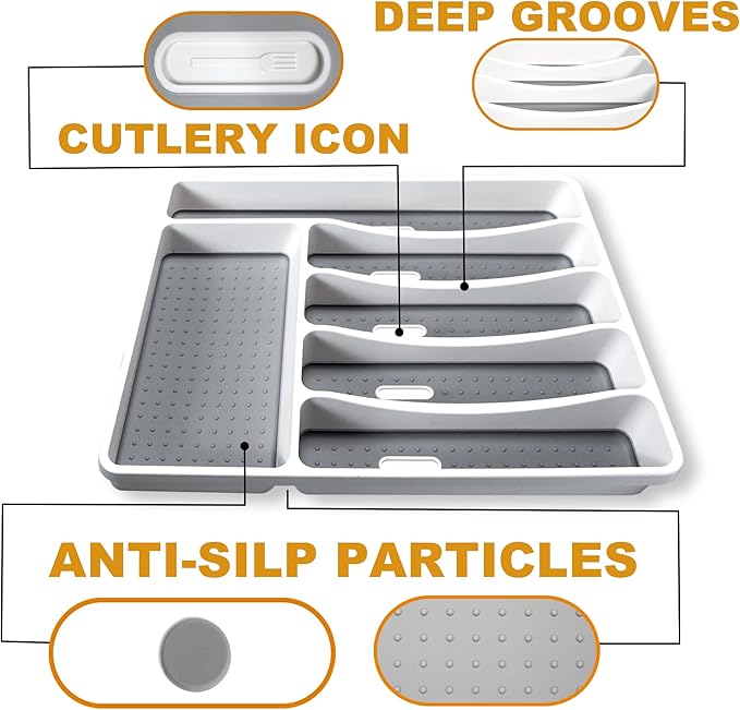 Bellsal Silverware Organizer 6 Slots Silverware Tray for Drawer Utensil Organizer Cutlery Flatware Organizer for Kitchen Plastic