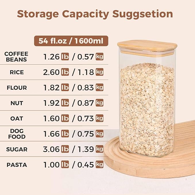 ComSaf 54oz Rectangle Glass Containers with Lids, Glass Jars with Bamboo Lids, Clear Food Storage Jar, Sugar Coffee Containers, Pantry Storage for Pasta Rice Flour Oats Nuts Tea