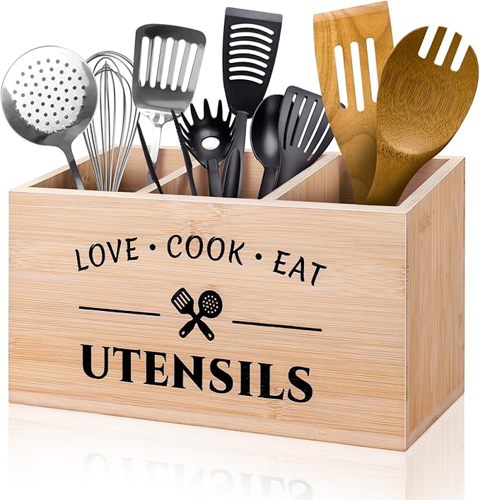 Bamboo Utensil Holder Caddy with 3 Compartments for Kitchen Counter, Rustic Flatware Organizer Cutlery Storage Box for Silverware Fork Spoon Spatula