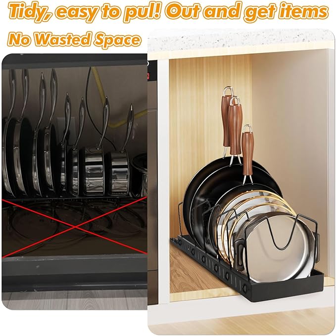 1 Pack Pull Out Pot and Pan Organizer Under Cabinet, Slide Out Pot Lid Organizer with 10 Adjustable Dividers Sliding Pan Holder Storage Rack Inside Cabinet for Kitchen Black