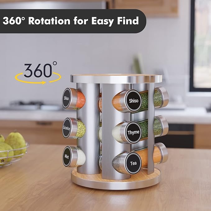 New England Stories Revolving Spice Rack Set with 12 Spice Jars, Kitchen Spice Tower Organizer for Countertop or Cabinet - Carousel Storage Includes 386 Spice Labels