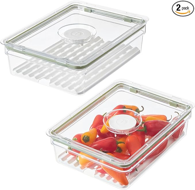 iDesign Large Fridge Produce Bin with Removable Drainage Tray and Lid - Set of 2 - Clear/White