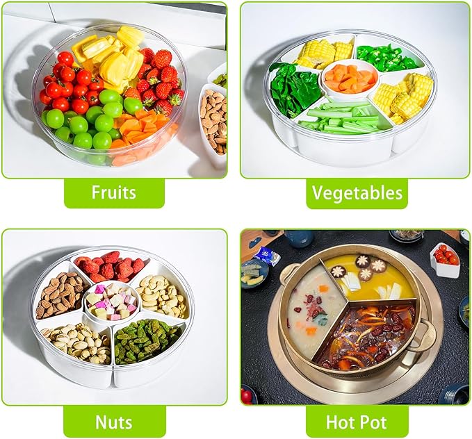 2 Pack Veggie Tray with Lid for Fridge, Clear Divided Serving Tray with Dip Snackle Box Container 6-Compartment Snack Storage for Party, Reusable Dinner Fruit Platter for Refrigerator Organizer Bins