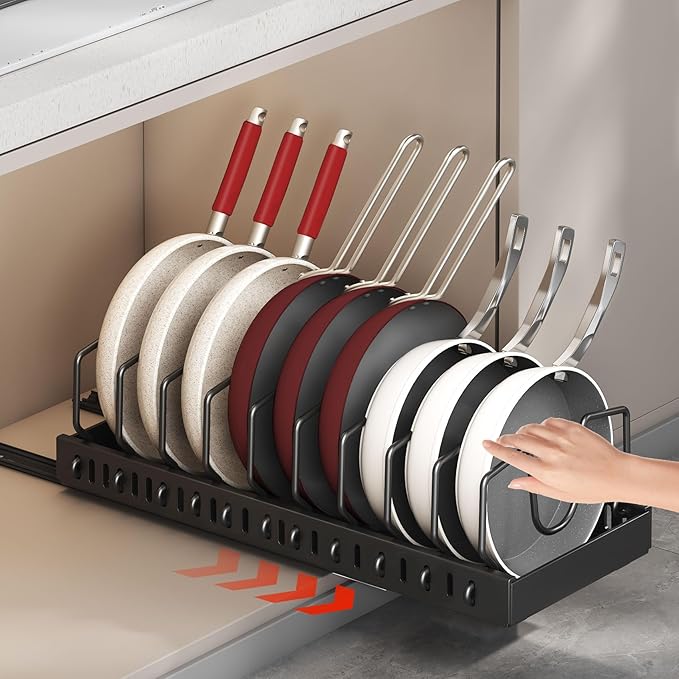 1 Pack Pull Out Pot and Pan Organizer Under Cabinet, Slide Out Pot Lid Organizer with 10 Adjustable Dividers Sliding Pan Holder Storage Rack Inside Cabinet for Kitchen Black