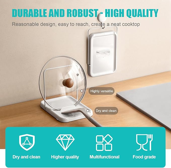 Pot Lid Holder, Spoon Holder for Stove, Foldable Pan Lid Organizer Stand with Nonslip Pads, Multifunctional Utensils Pan Pot Cover Lid Rack Shelf for Kitchen Counter, White