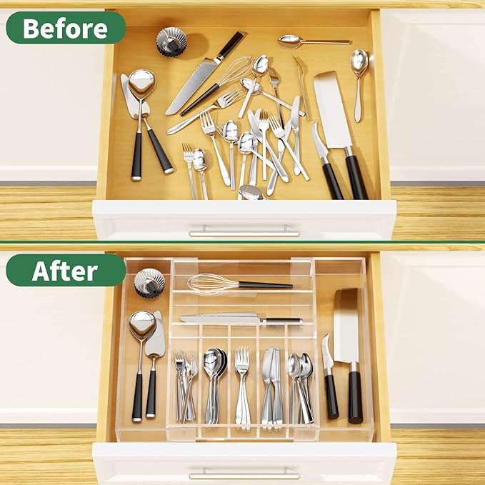 NIUBEE Expandable Kitchen Drawer Organizer for Flatware and Utensils,Clear Acrylic Adjustable Silverware Tray for Drawer,Office,Bathroom Supplies-9 Compartments