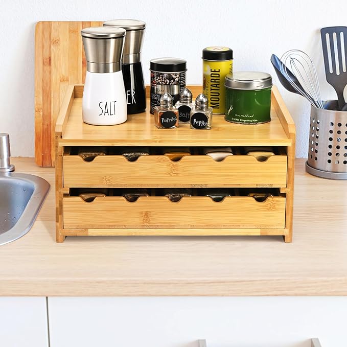 Jucoan Bamboo Spice Rack Organizer, 2-Tier Pull Out Spice Seasoning Shelf Holder 20-Bottles Seasoning Spices Jars Organizer for Kitchen Countertop Cabinet No Assembly Required