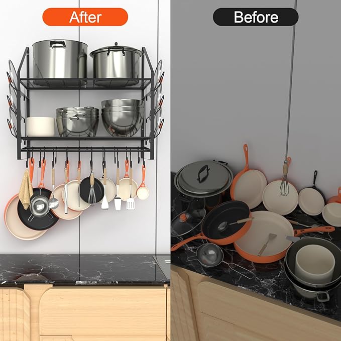 35 Inch Pot Rack Wall Mounted, 2 Tier Pots and Pans Organizer with 20 Hooks and 6 Pot Lid Holders, Heavy Duty Steel Pot and Pan Hanger for Kitchen Cookware Utensils Storage 34.7" Lx13 Wx26.4 H