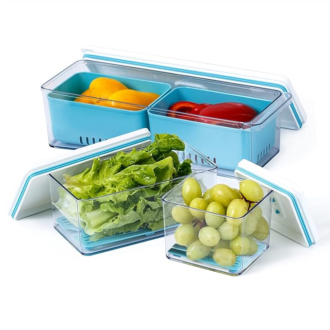 Lille Home Stackable Produce Saver, Organizer Bins/Storage Containers with Removable Drain Tray, Set of Three, for Refrigerators, Cabinets, Countertops and Pantry, BPA Free (Blue,Set of Three)