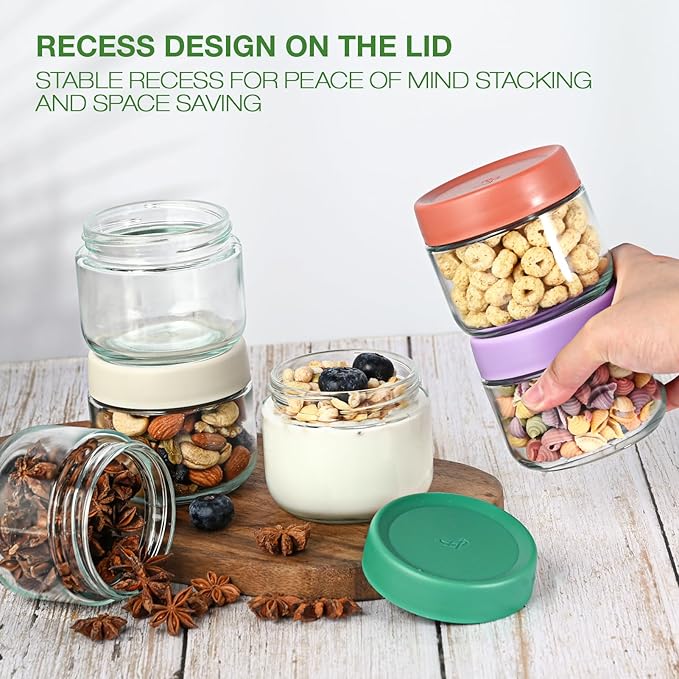 Hoa Kinh Glass Food Storage Jars with Lids, 10oz 4Pack Leak Proof Small Glass Jars for Overnight Oats, Cereal, Clear Empty Glass Jars with Lids for Kitchen(Red, Green, Purple and White)
