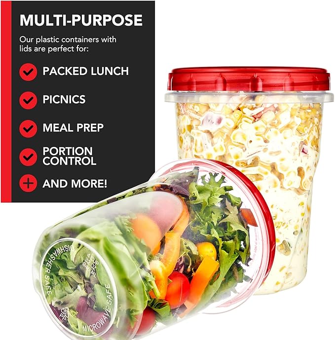 32oz Plastic Containers with Red Twist Top Lids (6 Pack) – Quart Freezer Containers for Leftovers, Airtight Reusable Soup Storage, Microwave & Dishwasher Safe