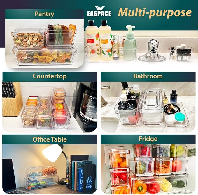 10-Pack Clear Fridge Organizer Bins with Lids & Drainage Holes, Stackable Container Set, BPA-Free Plastic Refrigerator Storage Containers for Food, Fruits, Vegetables, Meats (Multi-Purpose Storage)