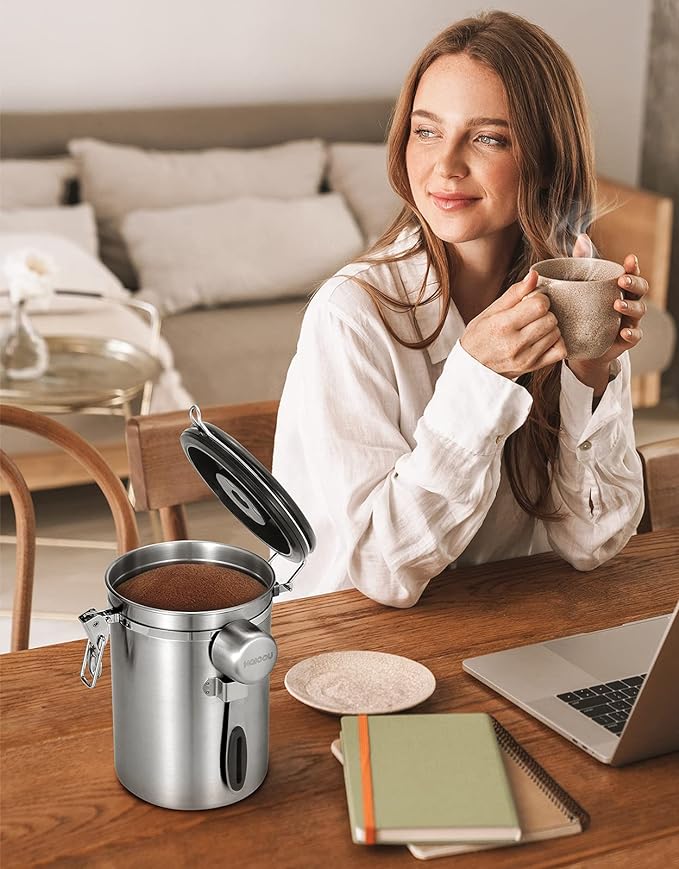 Airtight Coffee Canister, HAIOOU 22OZ Large Stainless Steel Coffee Bean Storage Container with Date Tracker, Measuring Scoop, 6Pcs CO2 Valves and Mini Tongs for Beans, Grounds, Sugar and more - Silver