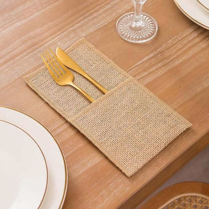 AOKQYA 10PCS Burlap Utensil Holder Pouch Rustic Jute Silverware Organizer for for Weddings, Picnics & Kitchen Reusable Cutlery Caddy with Pockets(Natural)