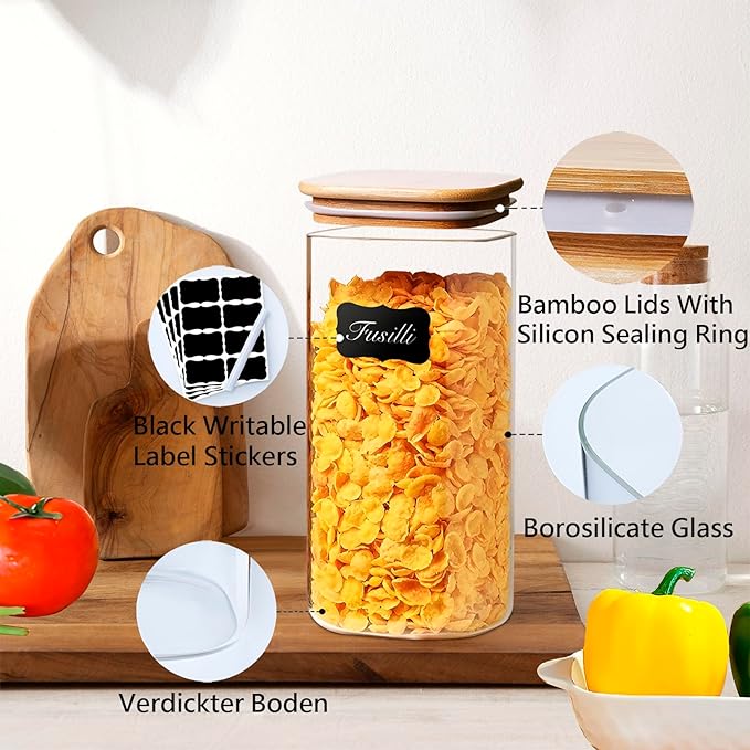 50oz Square Glass Storage Containers with Lids, Clear Food Storage Container Jar with Sealing Bamboo Lid for Noodles Flour Cereal Rice Sugar Tea Coffee Beans,Square Set of 3