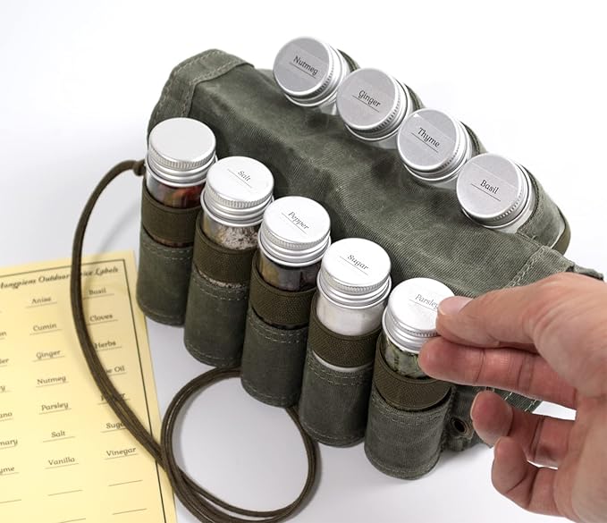 Camping Spice kit with 9 spice Jar,rope,Spice Labels Sticker,Silicone Collapsible Funnel, Canvas Travel Seasoning container, portable spice bag for travel (MILITARY GREEN)