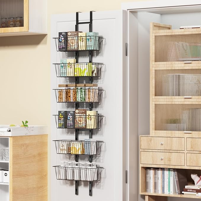 6 Tier Over the Door Pantry Organizer, Over the Door Spice Rack with Adjustable Baskets, Metal Hanging Door Pantry Organizers and Storage for Kitchen Bathroom Bedroom, Black