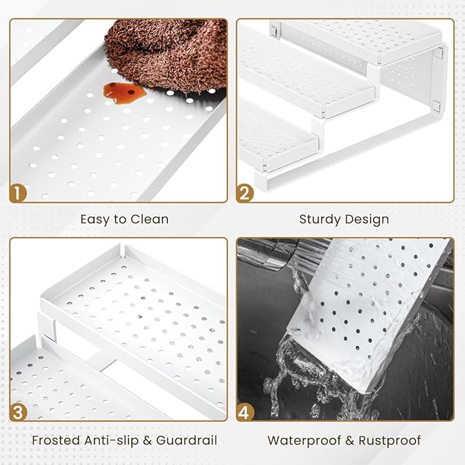 3-Tiered Shelf Organizer, Sturdy Countertop Spice Rack for Cabinet, Metal Rustproof Spice Storage Holder, Step Spice Shelf Kitchen Cupboard Pantry Seasoning Rack,White