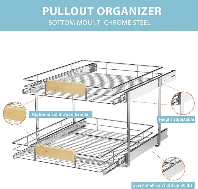 LOVMOR 2 Tier Pull Out Cabinet Organizer 22½" W x 21½" D, Slide Out Drawers with Wooden Handle, Sliding Shelves Organization and Storage for Kitchen, Pantry