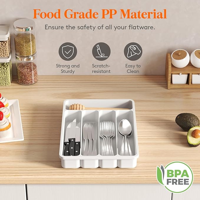 Lifewit Silverware Drawer Organizer Tray, Plastic Cutlery Storage for Kitchen Drawer, Flatware and Utensil Holder Divider for Spoons Forks Knives Tableware, 5 Compartment, White