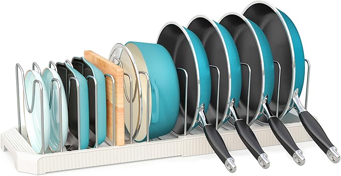 Pots and Pans Organizer for under Cabinet, Expandable Pan Pot Organizers inside Cabinet, Heavy Duty Pot Rack for kitchen organizers and storage Holder with 12 adjustable compartment White