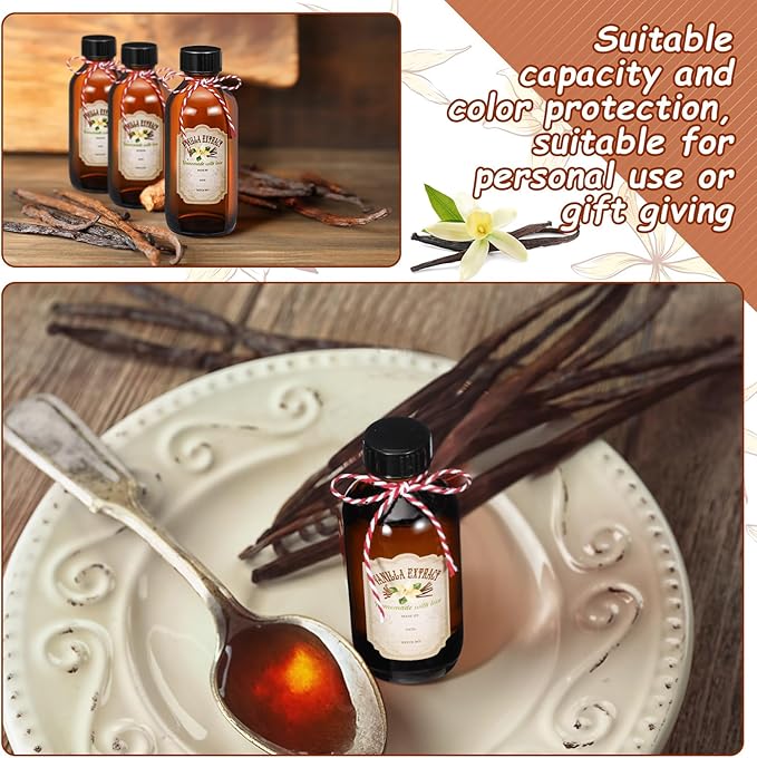 Uiifan 12 Pack Amber Glass Bottle Boston Round Bottles with Caps Brown Vanilla Extract Jars and 12 Pcs Vanilla Extract Stickers for Syrup Gift Glass Jar Food Storage Canister Set Sauce Beans(2 oz)