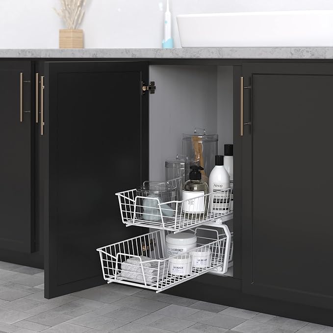 ClosetMaid Pull Out Cabinet Organizer 2, Heavy Duty, Slide Out Pantry Shelves Drawers for Kitchen, Bathroom, White, 11-Inch Two Tier