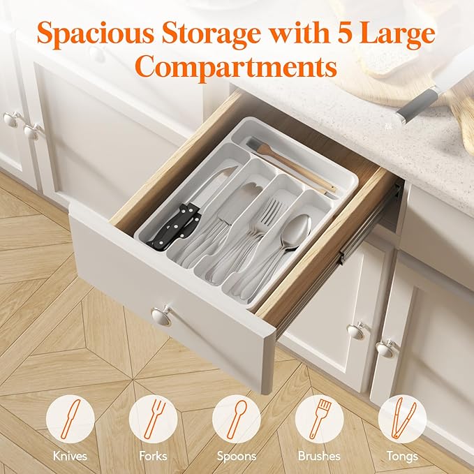 Lifewit Silverware Drawer Organizer Tray, Plastic Cutlery Storage for Kitchen Drawer, Flatware and Utensil Holder Divider for Spoons Forks Knives Tableware, 5 Compartment, White