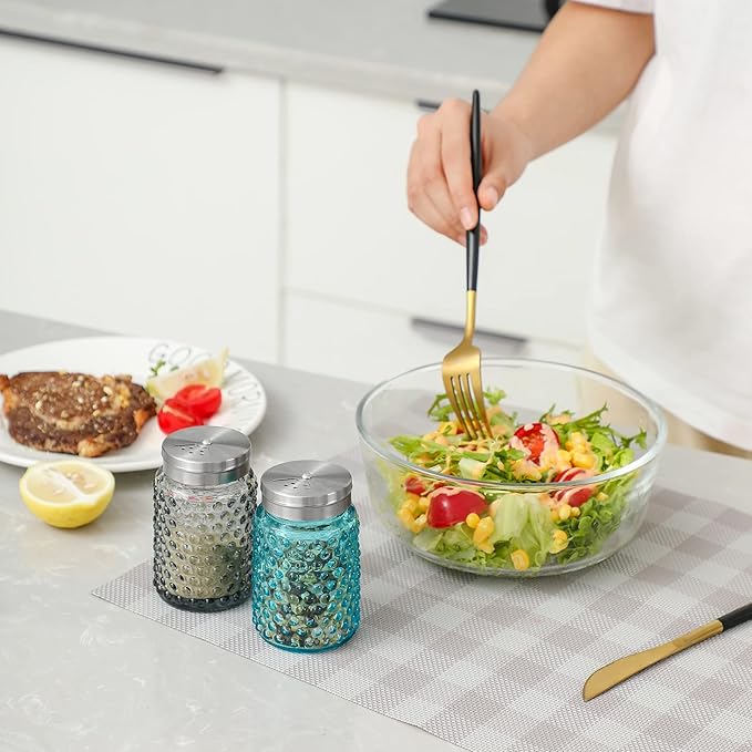 EVEREST Hobnail Salt and Pepper Shakers Glass Set of 2, 4.0 OZ with Salt Shaker Adjustable Stainless Steel Lid-Glass Spice Jars,Strong and durable Best Kitchen Decoration