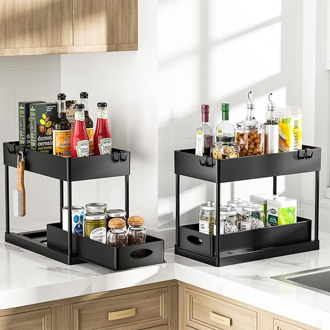 PUILUO 2 Set Under Sink Cabinet Organizer, 2 Tier Storage Under Cabinet Bathroom Under Sink Organizers and Storage Black Under Sink Storage for Bathroom Kitchen