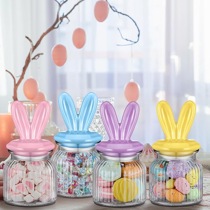 Nitial 4 Pcs Easter Glass Jar with Cap Bunny Ear Egg Clear Candy Jar Decorative Food Storage Canister with Airtight Ceramic Lid for Eater Party Tea Cookie Table Decoration(22 oz,Rabbit Ear)
