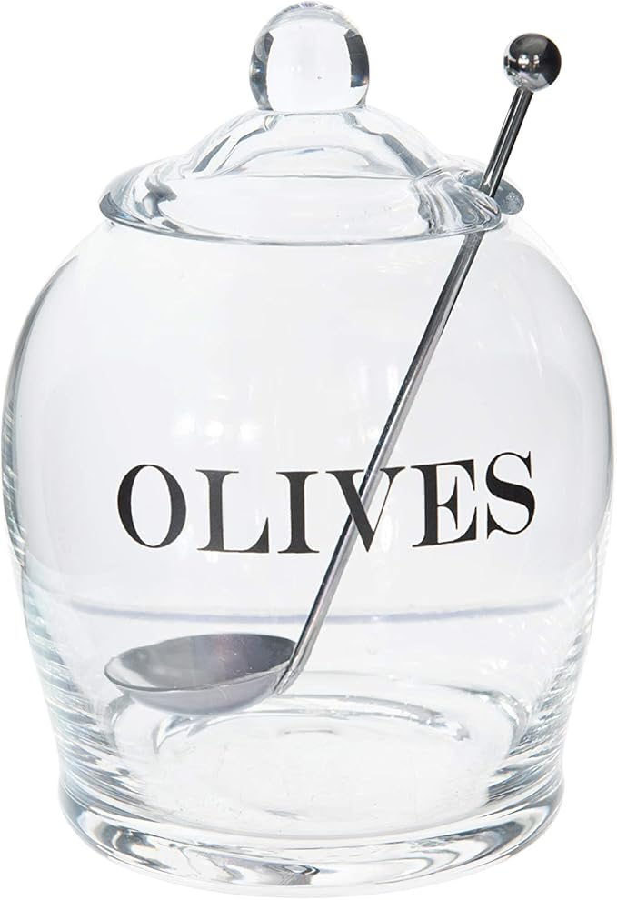 Creative Co-Op Clear Glass "OLIVE" Jar with Lid & Slotted Stainless Steel Spoon (Set of 3 Pieces including Lid)