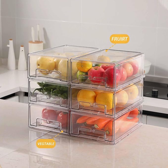 2 Pack Stackable Clear Storage Drawer,Refrigerator Organizers and Storage Drawer Pull Out Drawer for Fridge Kitchen Bathroom Cabinet Closet Office Clear