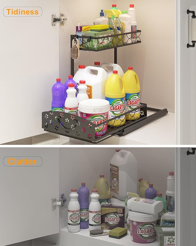 2 Pack Under Sink Organizer, Adjustable Height Metal Under Kitchen Cabinet Organizer, 2-Tier Sliding Shelf Storage, Multi-Use for Under Kitchen Bathroom Sink Organizers and Storage, Black
