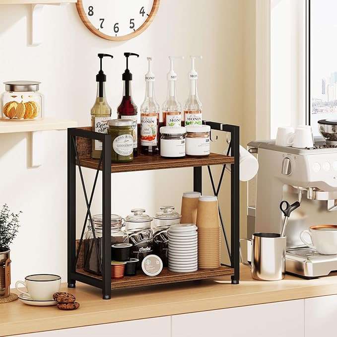 Snughome Countertop Shelf Organizer, Kitchen Counter Shelf with Hooks, 2 Tier Spice Rack for Kitchen Countertop,Coffee Station,(Rustic Brown, Large)