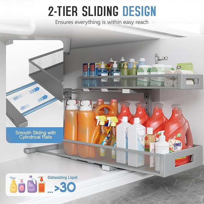 2 Pack 20.47IN Depth Under Sink Storage Organizer, Large 2-Tier Elegant Mesh Pull Out Shelf for Kitchen and Bathroom Cabinet Organization, L-Shaped and Adjustable Height Design-Grey