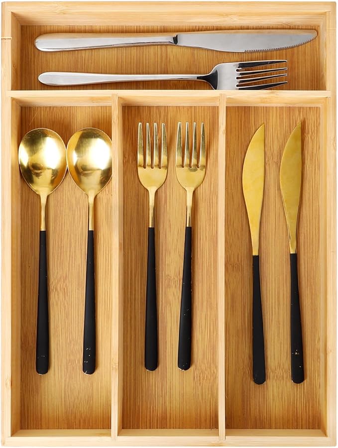 Bamboo Drawer Organizer for Utensils Holder, Drawer Dividers Organizer for Silverware, Flatware, Knives in Kitchen, Bedroom, Living Room, Office as Housewarmings, Wedding, Bridal Shower Gifts
