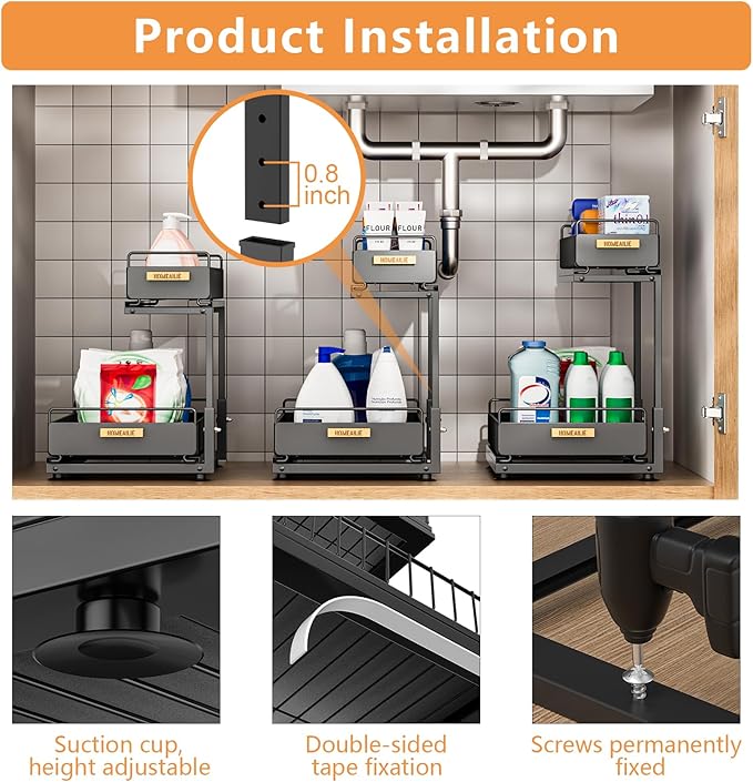 Under Sink Organizer, High Adjustable 2 Tier Under Kitchen Sink Organizer, Multi-Purpose Storage Shelf for Kitchen Bathroom Cabinet, Black