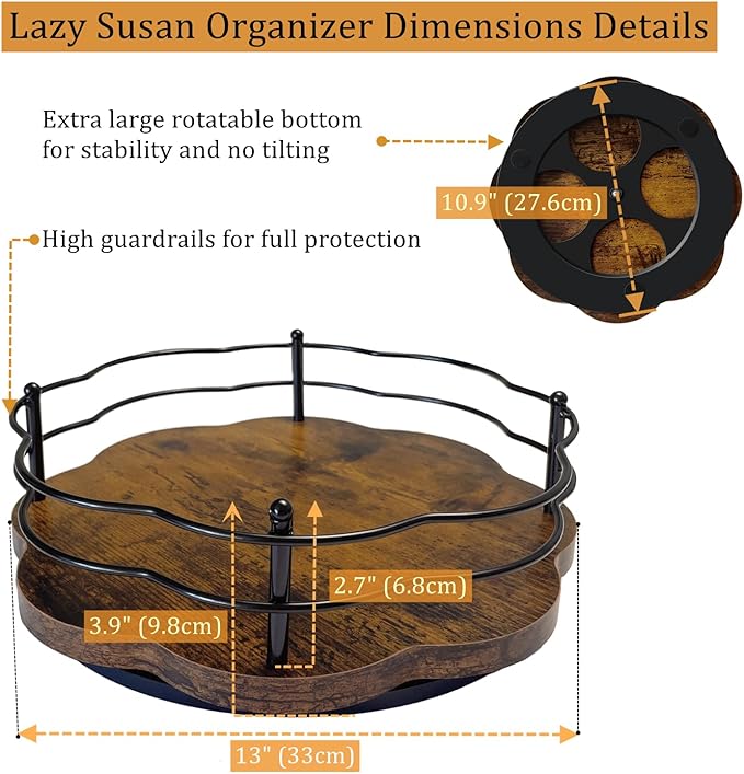 13" Wood Lazy Susan Turntable Organizer, 360°Rotating Non-Slip Lazy Susan Spice Rack Organizer with Higher Edge for Table Top Cabinet Kitchen Countertop Dining Table Coffee Bar Storage