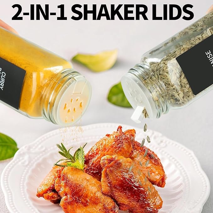 24 Glass Spice Jars with Labels,Spice Jar Set,4oz Seasoning Containers,Spice Containers with Black Airtight Lids and Shaker Lids,Square Empty Spice Bottles, 492 Labels,2 Marker Pens,1 Funnel