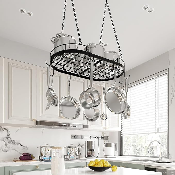 24.4” Metal Pot Rack Hanging, Oval Pan Rack Hanging with Hooks, Heavy Duty Ceiling Pot Rack with Grid, Pot and Pan Hangers for Kitchen Cookware Utensils Toiletries, Easy Assembly, Black