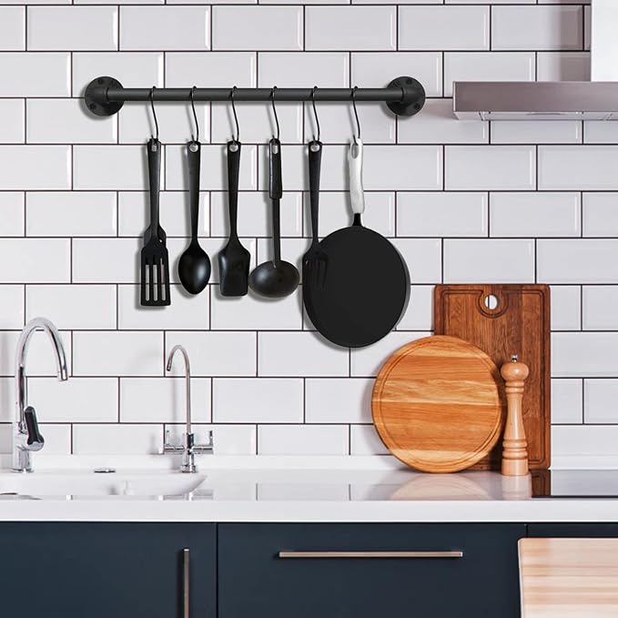 21 inch Pot Pan Bar Rack Wall Mounted Set of 2 with 16 Hooks Industrial Pipe Pot Hanger Rustic Iron Pan Hanging Rail Pipe Towel Holder Kitchen Utensil Organizer Black