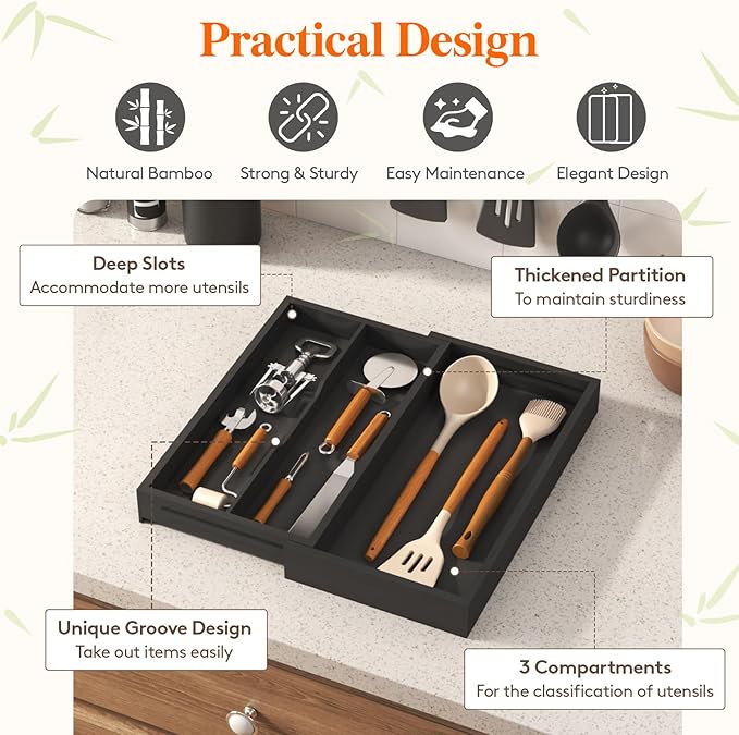 Lifewit Utensil Drawer Organizer, Expendable Cooking Silverware Tray for Kitchen Drawer, Bamboo Adjustable Cutlery Flatware Holder, Spatula Tools and Gadgets Storage Divider, 3 Compartments, Black