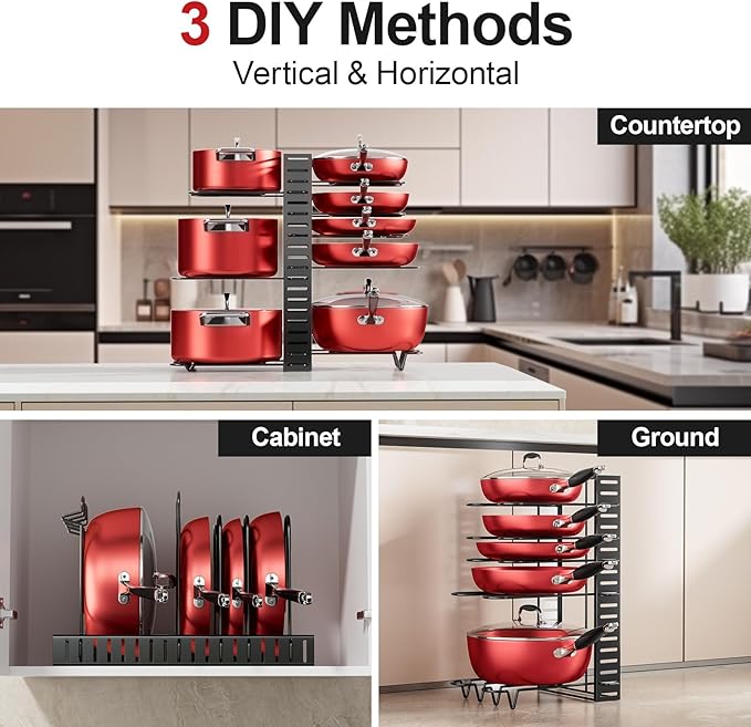 MUDEELA Pots and Pans Organizer for Cabinet 8-Tier Pan Organizer Rack for Cabinet with 3 DIY Methods, Adjustable Pot Organizer Rack for Kitchen Organization & Storage, Cabinet Organizer